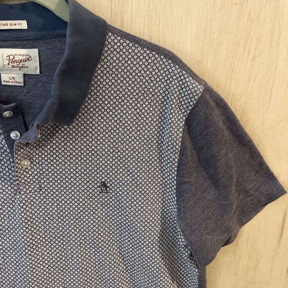 Penguin Brand Short Sleeve Polo Shirt top slim fit Mens Size Large blue grey - Picture 2 of 6